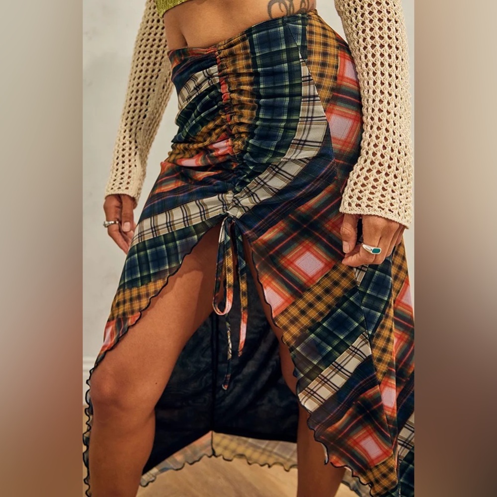 Urban Outfitters Maxi Skirt Check Ruched Mesh Maxi Skirt